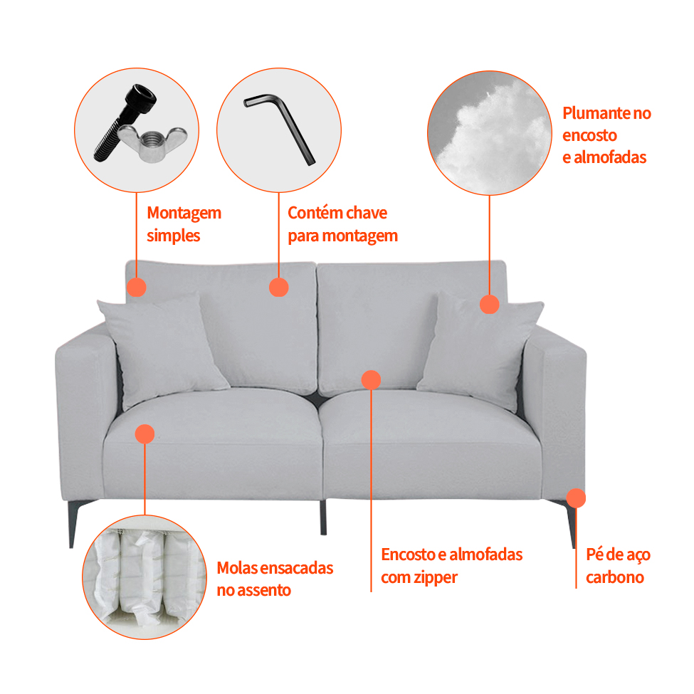 Sofá 2 Lugares com Molas Ensacadas 170 cm e Puff Unne Bouclé Cinza