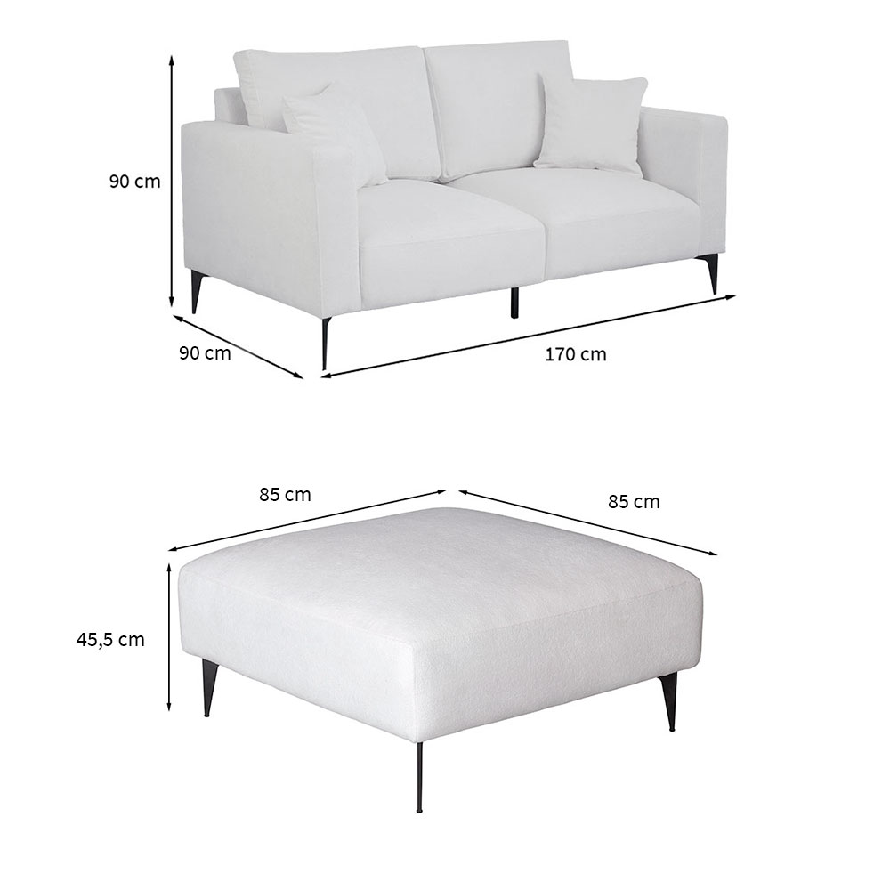 Sofá 2 Lugares com Molas Ensacadas 170 cm e Puff Unne Bouclé Off White