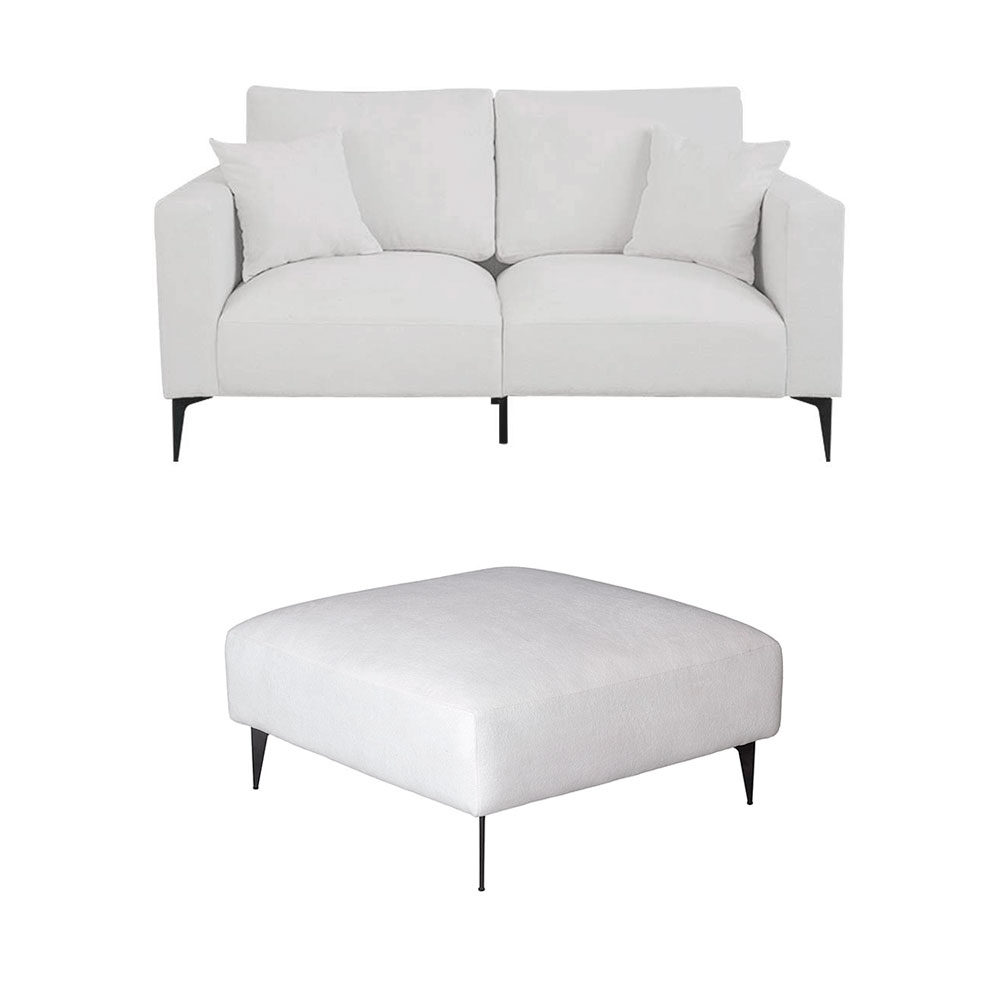 Sofá 2 Lugares com Molas Ensacadas 170 cm e Puff Unne Bouclé Off White