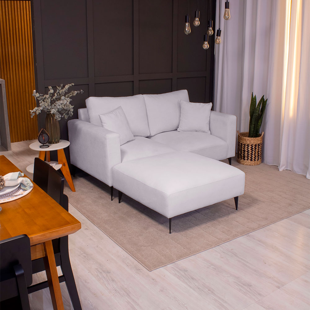 Sofá 2 Lugares com Molas Ensacadas 170 cm e Puff Unne Bouclé Off White