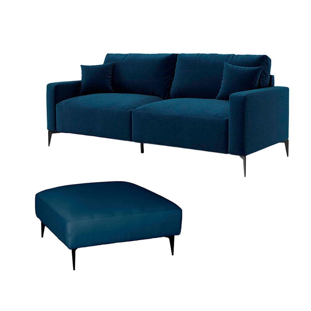 Sofá 2 Lugares com Molas Ensacadas 170 cm e Puff Unne Linho Azul Marinho