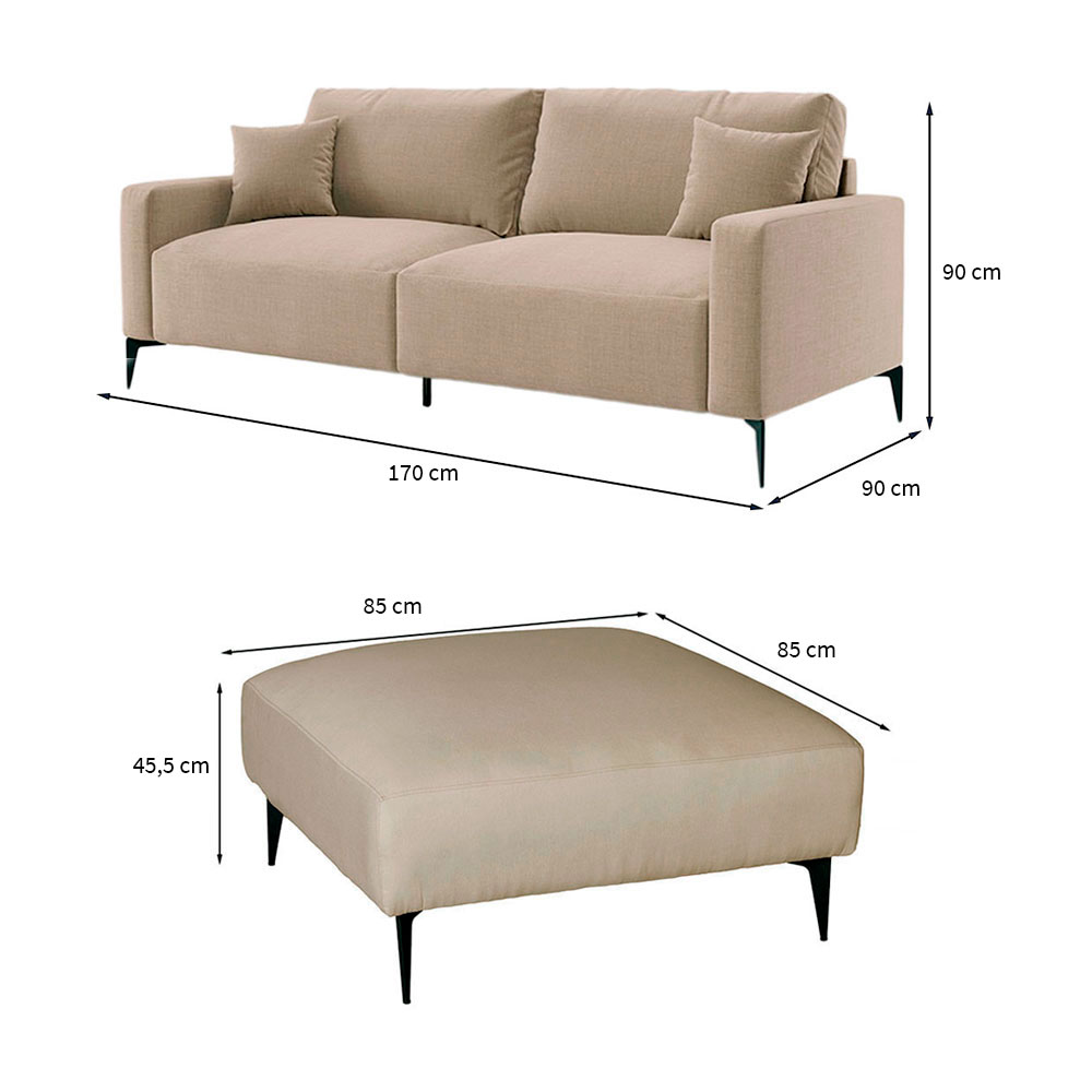 Sofá 2 Lugares com Molas Ensacadas 170 cm e Puff Unne Linho Bege