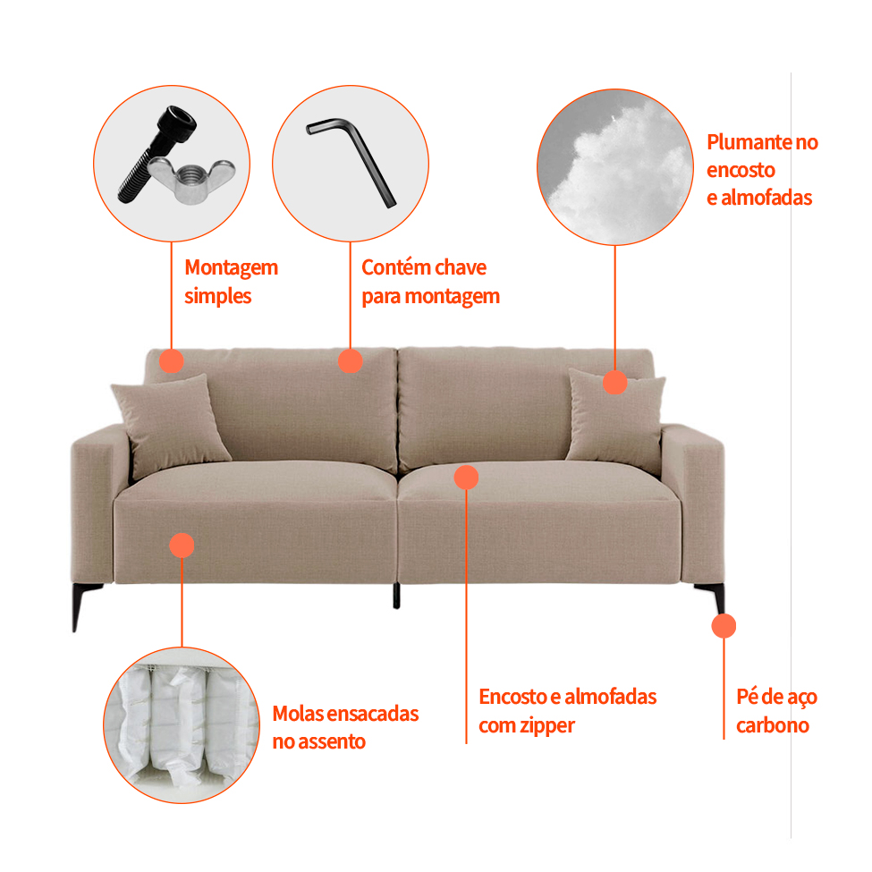 Sofá 2 Lugares com Molas Ensacadas 170 cm e Puff Unne Linho Bege