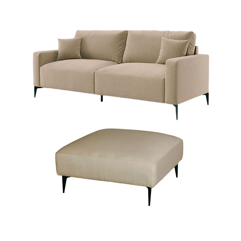 Sofá 2 Lugares com Molas Ensacadas 170 cm e Puff Unne Linho Bege