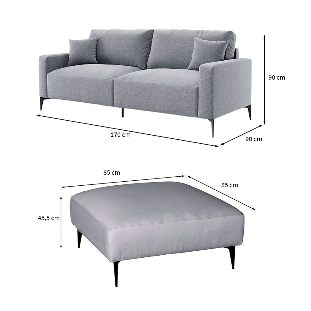 Sofá 2 Lugares com Molas Ensacadas 170 cm e Puff Unne Linho Cinza