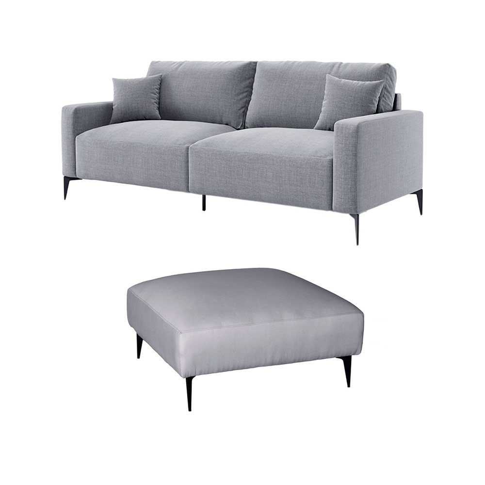 Sofá 2 Lugares com Molas Ensacadas 170 cm e Puff Unne Linho Cinza