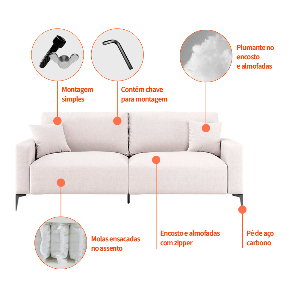 Sofá 2 Lugares com Molas Ensacadas 170 cm e Puff Unne Linho Cru