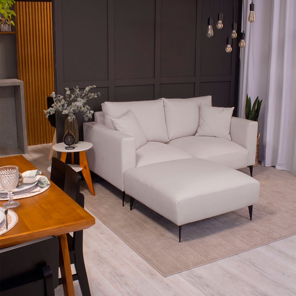 Sofá 2 Lugares com Molas Ensacadas 170 cm e Puff Unne Linho Cru
