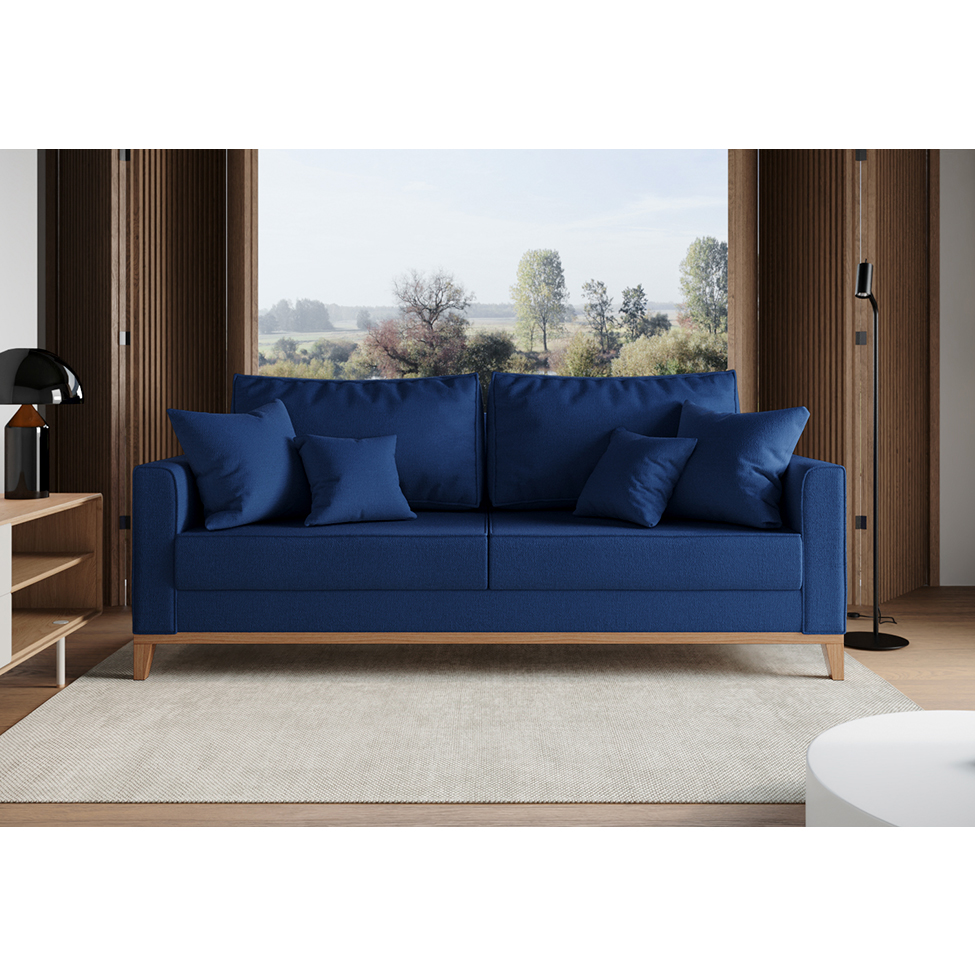 Sofá 3 Lugares Beny Base de Madeira Linho Cotton Azul Marinho