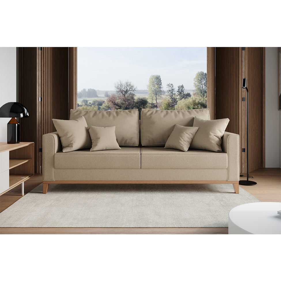 Sofá 3 Lugares Beny Base de Madeira Linho Cotton Bege