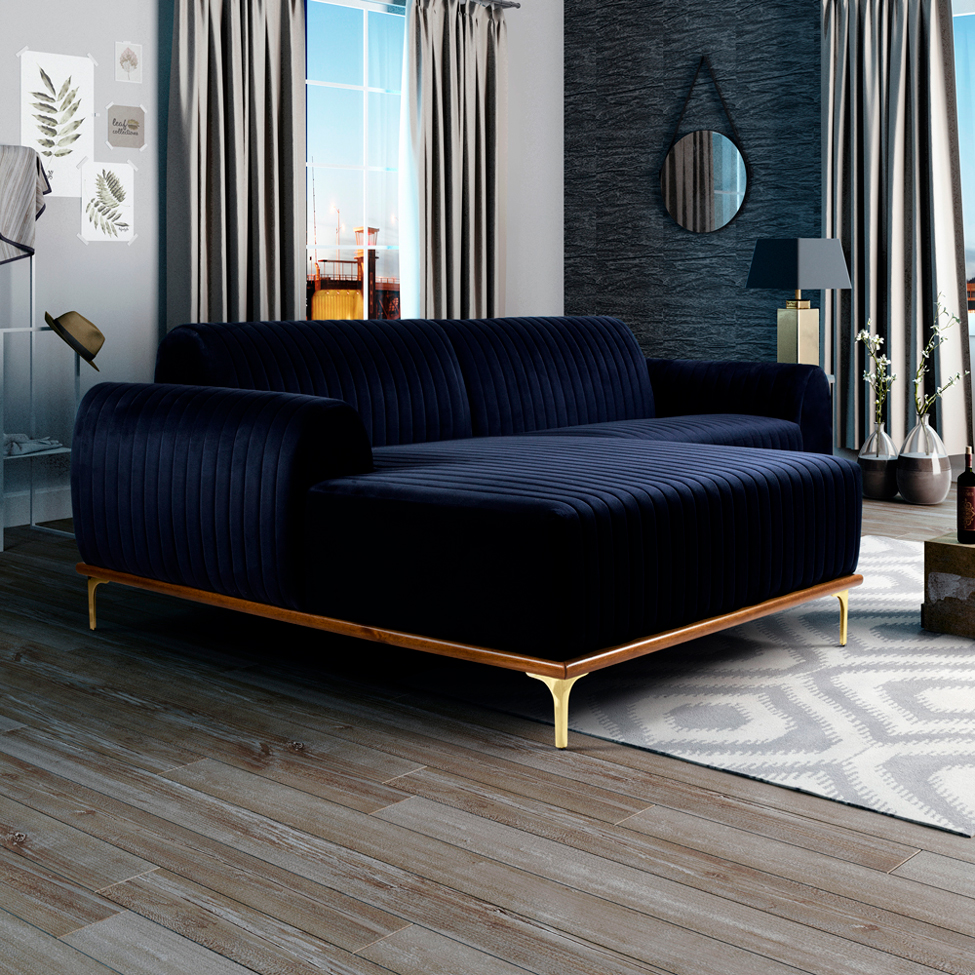 Sofá 3 Lugares Hug com Chaise Esquerdo Veludo Azul
