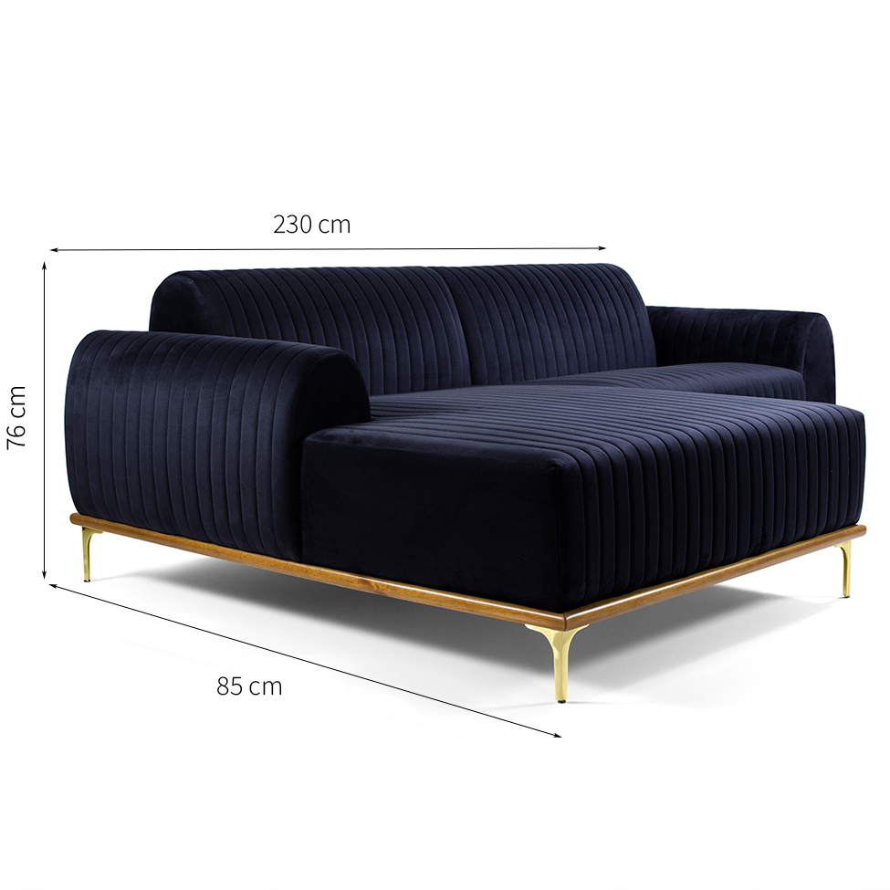 Sofá 3 Lugares Hug com Chaise Esquerdo Veludo Azul