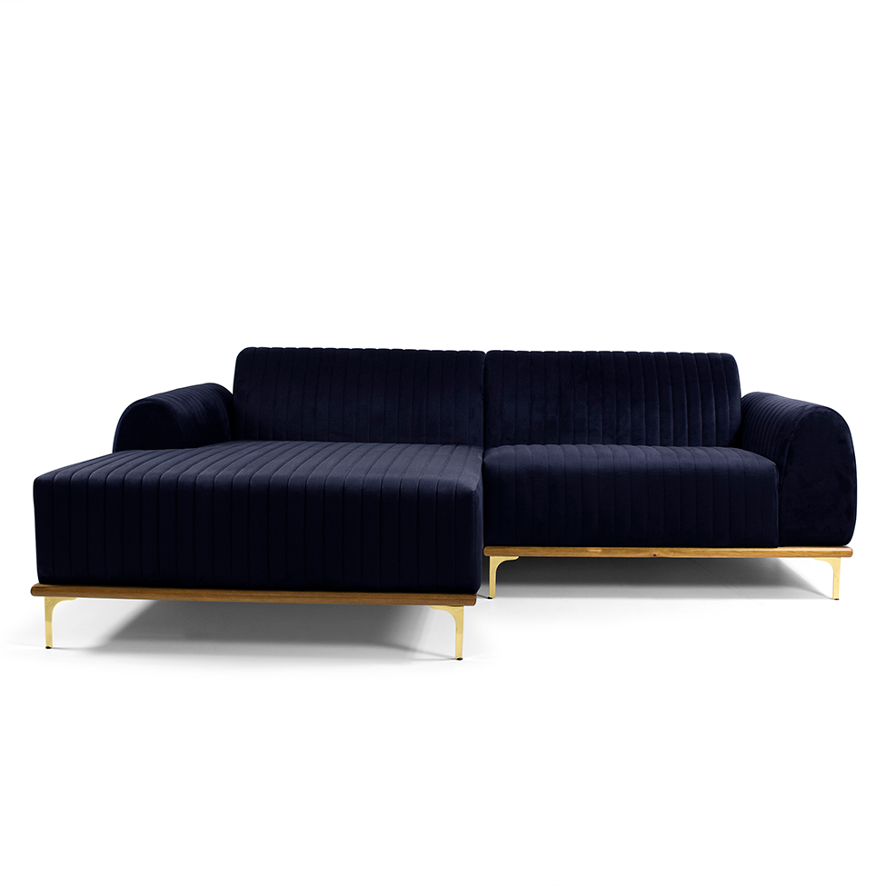 Sofá 3 Lugares Hug com Chaise Esquerdo Veludo Azul