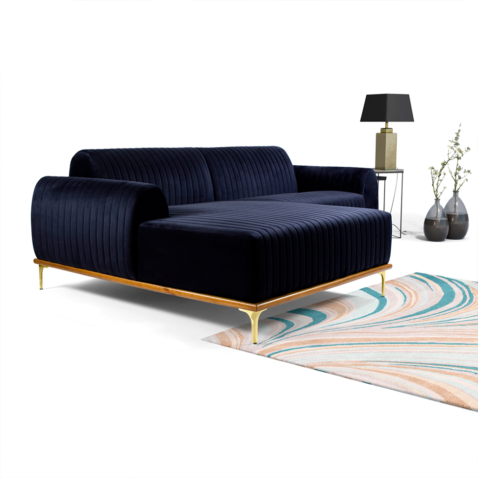 Sofá 3 Lugares Hug com Chaise Esquerdo Veludo Azul
