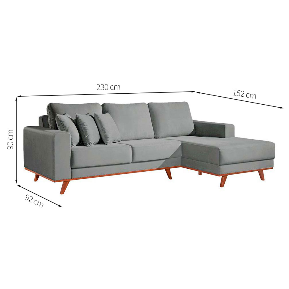 Sofá 3 Lugares Lombok com Chaise Direito Veludo Cinza