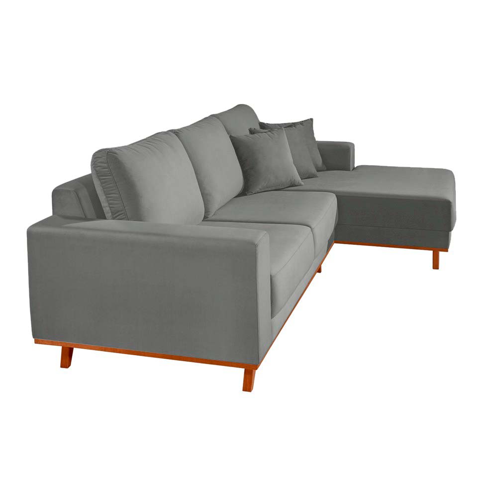 Sofá 3 Lugares Lombok com Chaise Direito Veludo Cinza