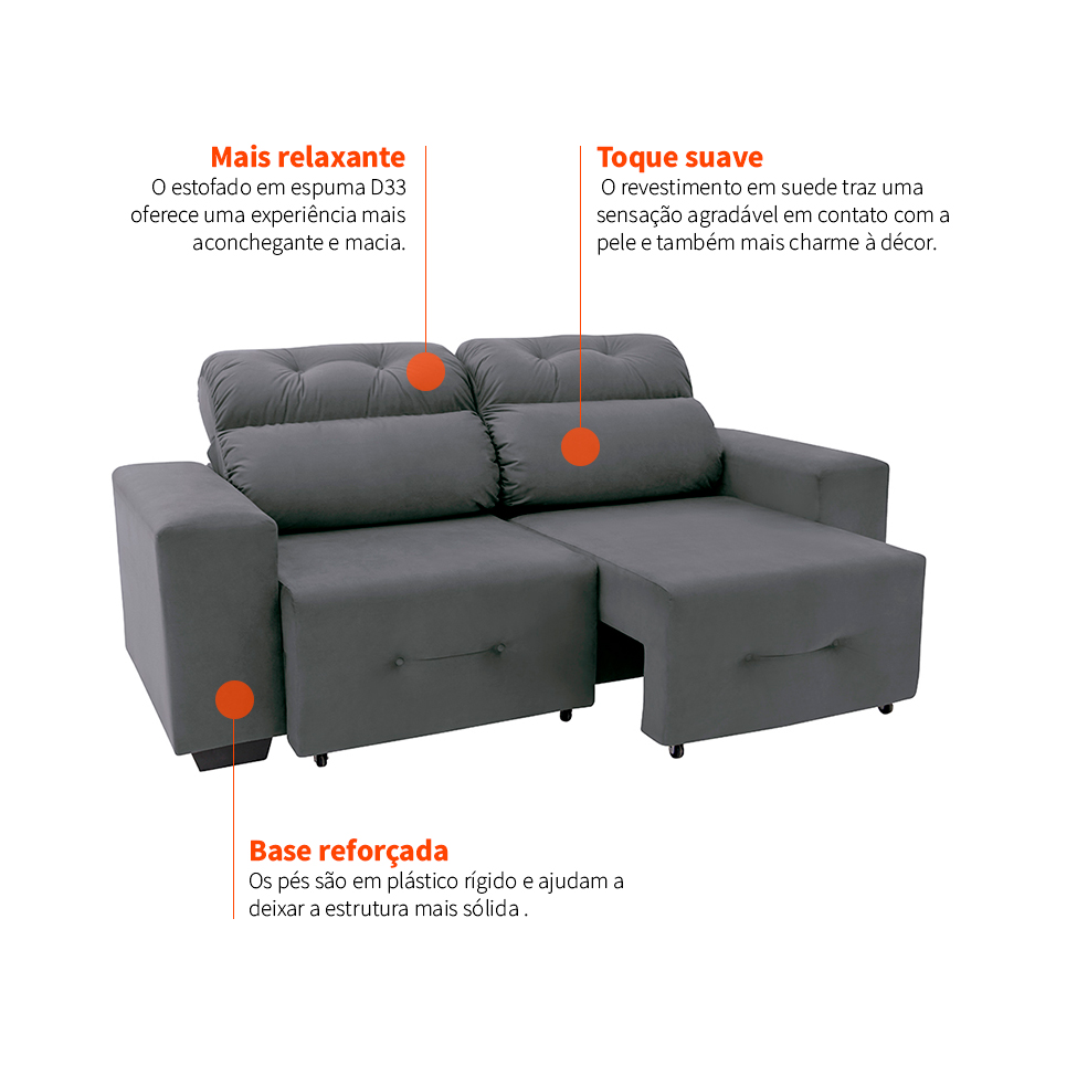 Sofá 3 Lugares Retrátil e Reclinável Plaza Suede Cinza