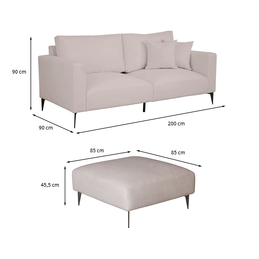 Sofá 3 Lugares com Molas Ensacadas 200 cm e Puff Unne Bouclé Bege