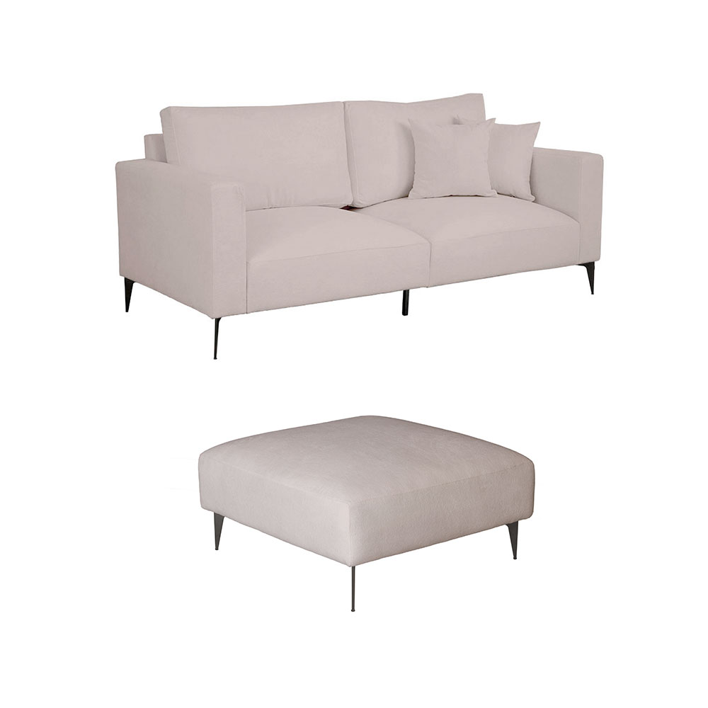 Sofá 3 Lugares com Molas Ensacadas 200 cm e Puff Unne Bouclé Bege