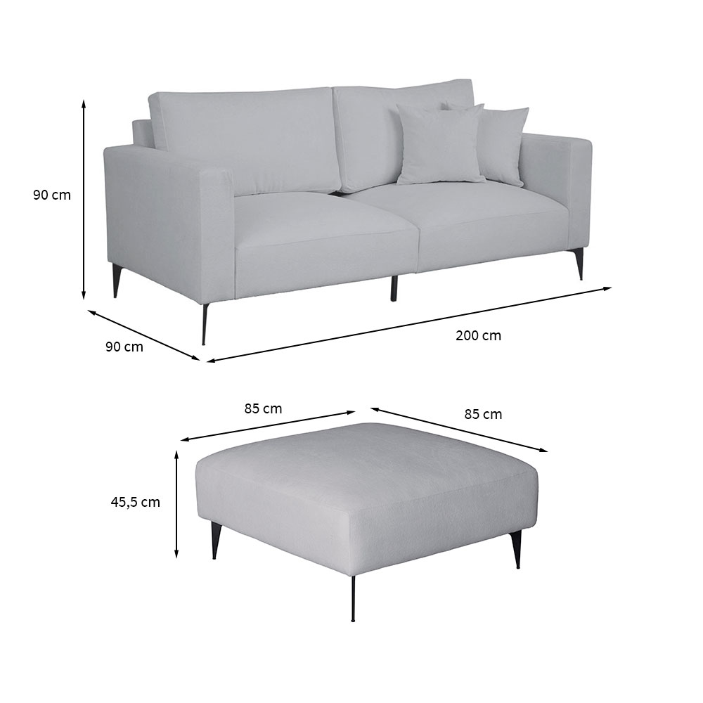 Sofá 3 Lugares com Molas Ensacadas 200 cm e Puff Unne Bouclé Cinza