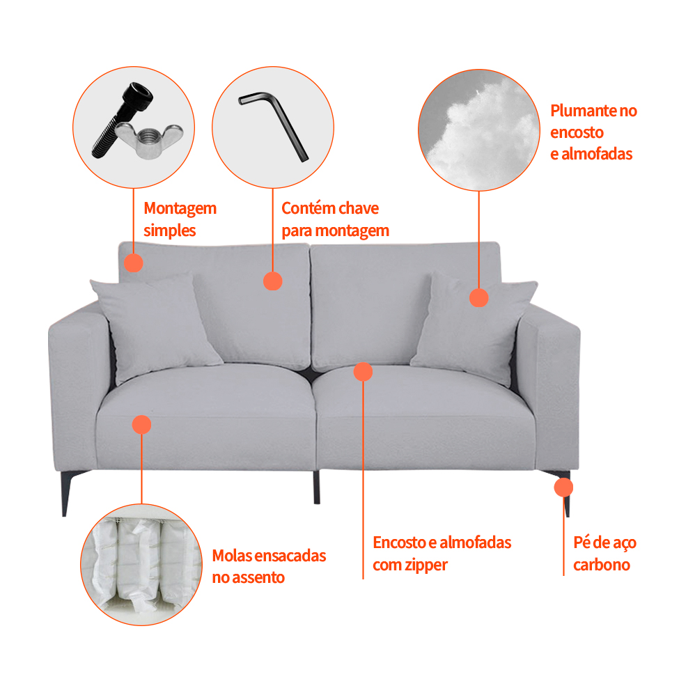 Sofá 3 Lugares com Molas Ensacadas 200 cm e Puff Unne Bouclé Cinza