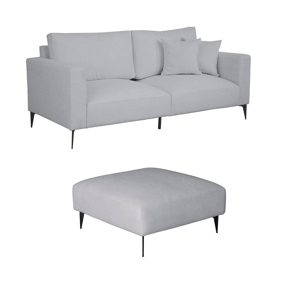 Sofá 3 Lugares com Molas Ensacadas 200 cm e Puff Unne Bouclé Cinza
