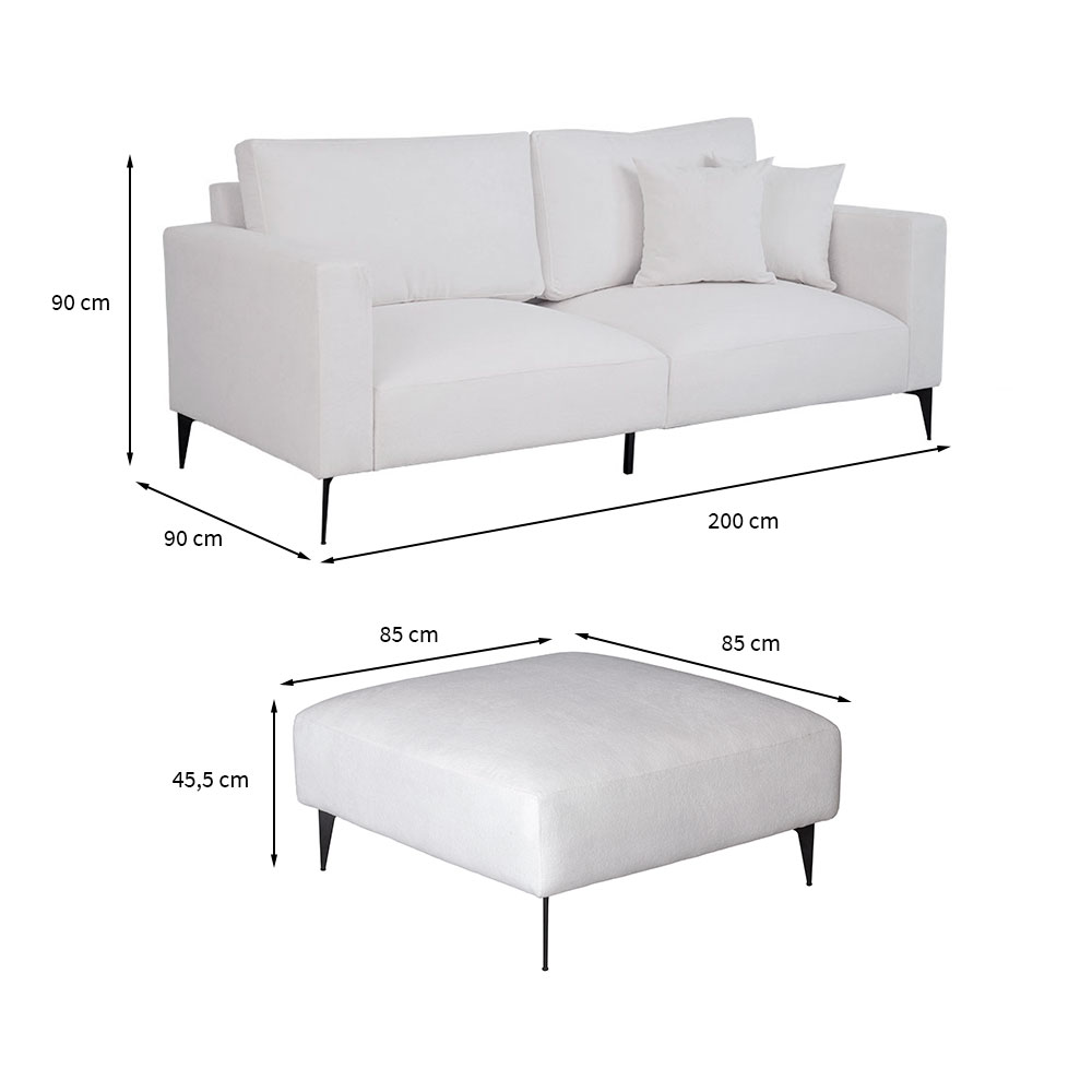 Sofá 3 Lugares com Molas Ensacadas 200 cm e Puff Unne Bouclé Off White