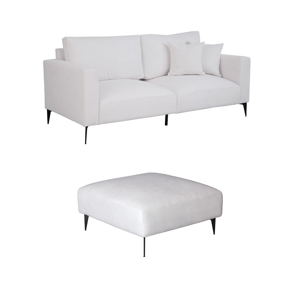 Sofá 3 Lugares com Molas Ensacadas 200 cm e Puff Unne Bouclé Off White