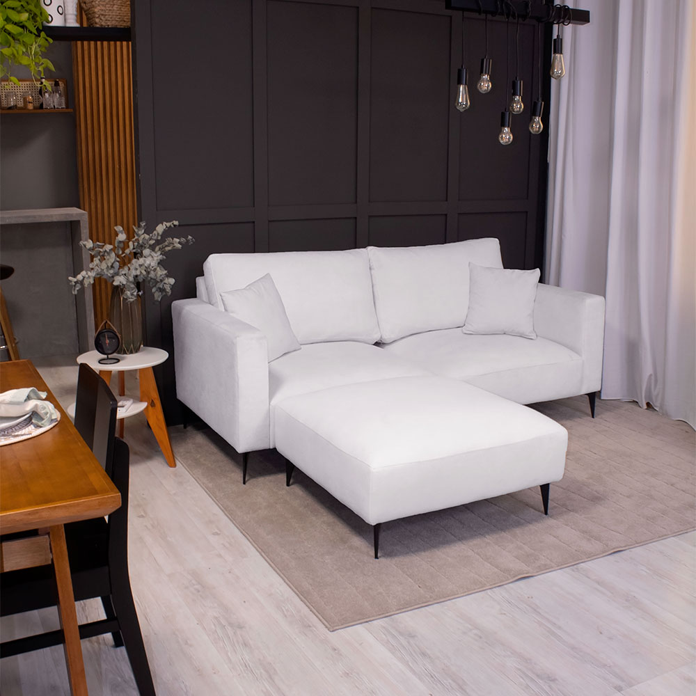 Sofá 3 Lugares com Molas Ensacadas 200 cm e Puff Unne Bouclé Off White