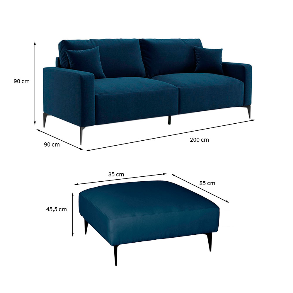 Sofá 3 Lugares com Molas Ensacadas 200 cm e Puff Unne Linho Azul Marinho