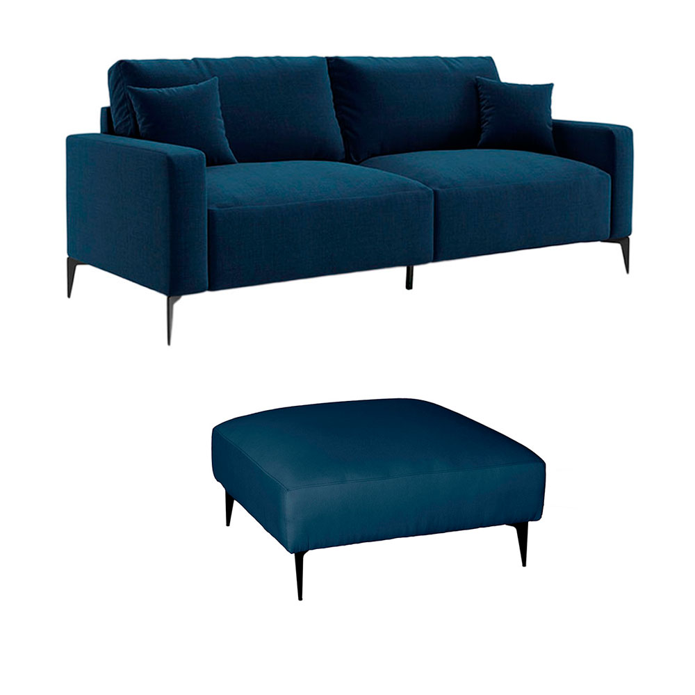 Sofá 3 Lugares com Molas Ensacadas 200 cm e Puff Unne Linho Azul Marinho