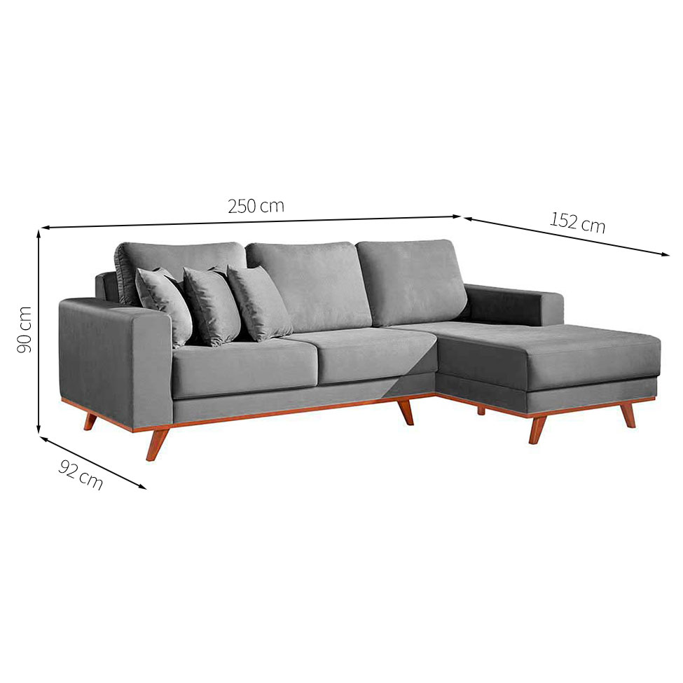 Sofá 4 Lugares Lombok com Chaise Direito Veludo Cinza