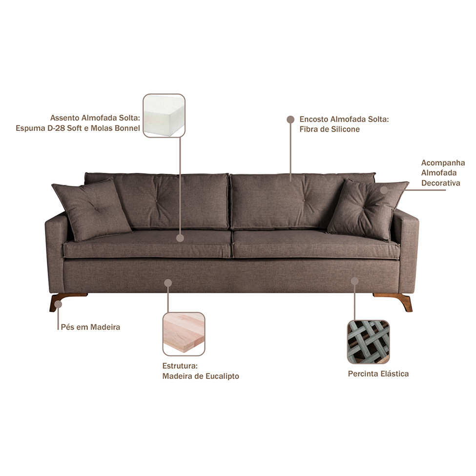 Sofá 4 Lugares Viena Veludo Marrom 250 cm