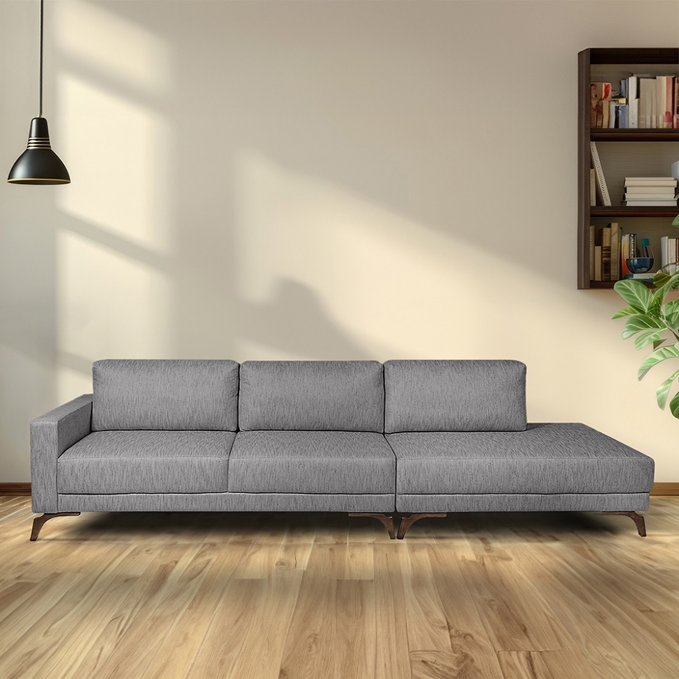 Sofá 6 Lugares Henry com Chaise Direito Veludo Cinza