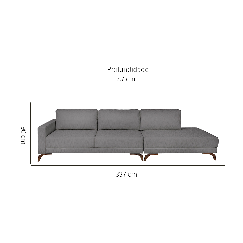 Sofá 6 Lugares Henry com Chaise Direito Veludo Cinza