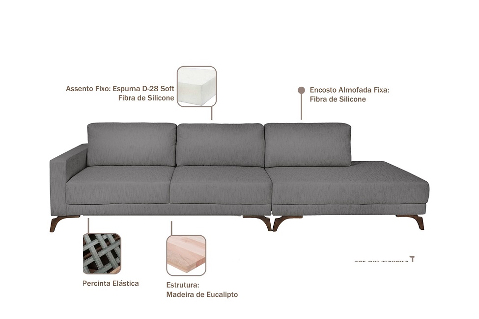 Sofá 6 Lugares Henry com Chaise Direito Veludo Cinza