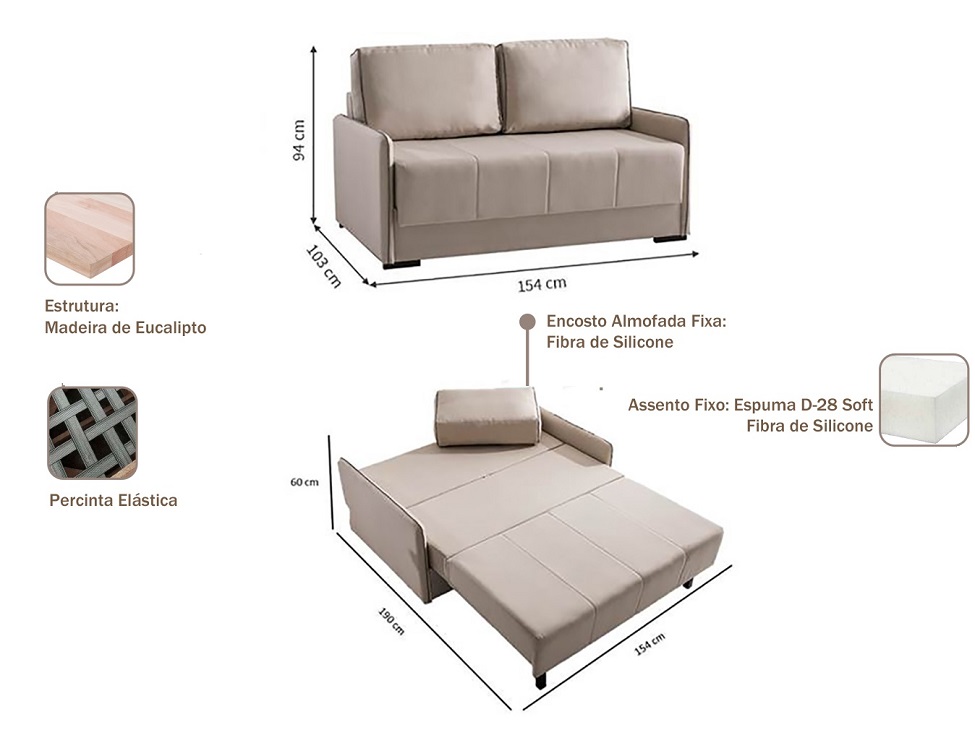 Sofá-Cama 2 Lugares Casal Isis Linho Bege