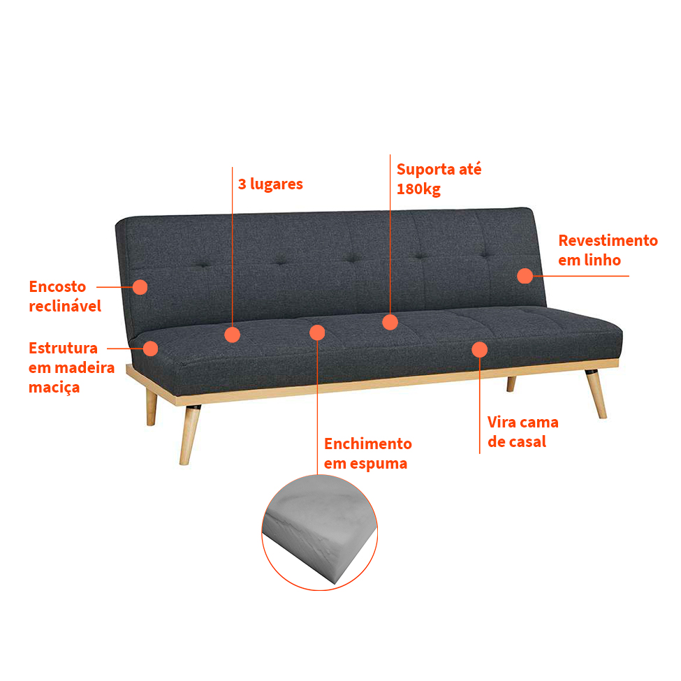 Sofá-Cama 3 Lugares Casal Córsega Cinza Escuro