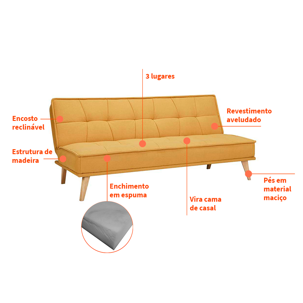 Sofá-Cama 3 Lugares Casal Venice Amarelo