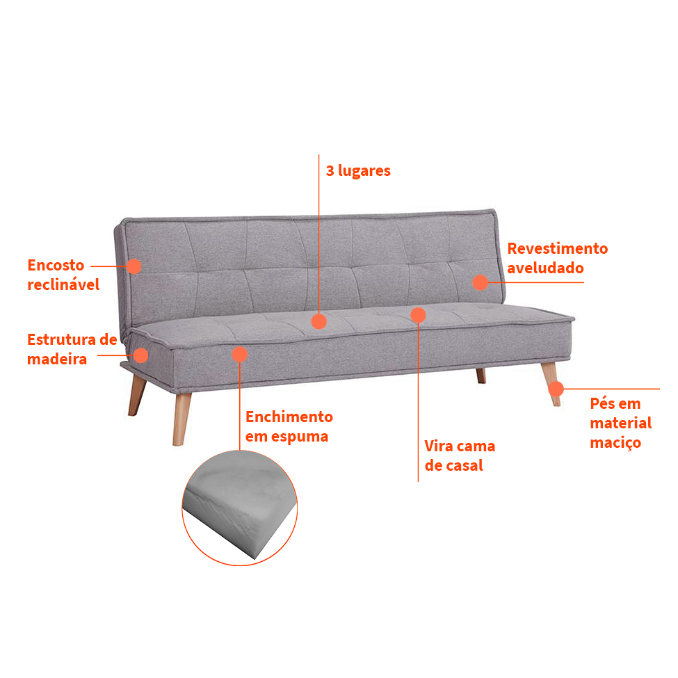 Sofá-Cama 3 Lugares Casal Venice Cinza