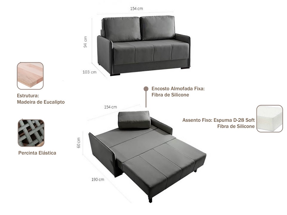 Sofá-Cama Casal 2 Lugares Isis Veludo Cinza