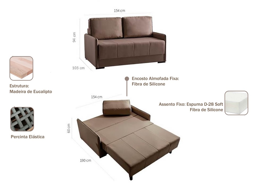 Sofá-Cama Casal 2 Lugares Isis Veludo Marrom