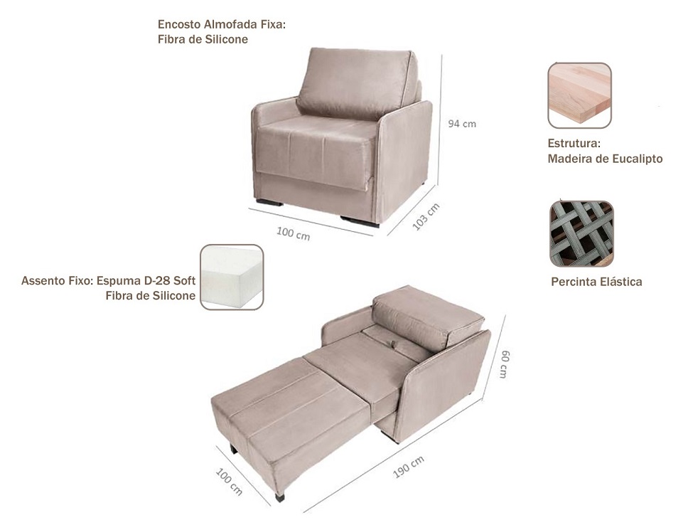 Sofá-Cama Solteiro 1 Lugar Isis Veludo Bege