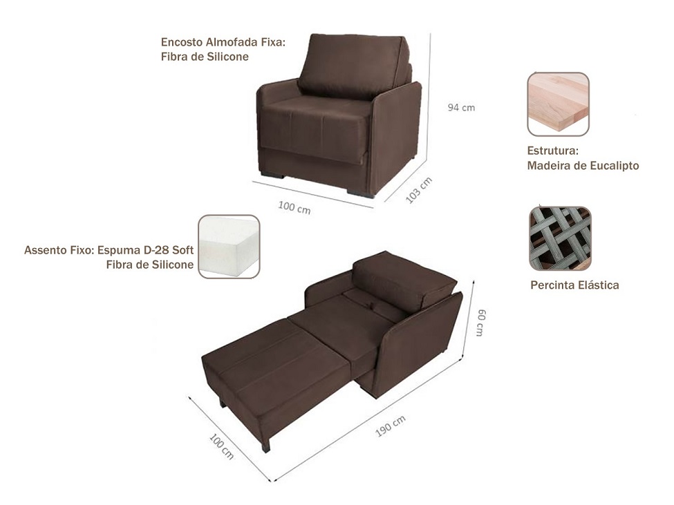 Sofá-Cama Solteiro 1 Lugar Isis Veludo Marrom