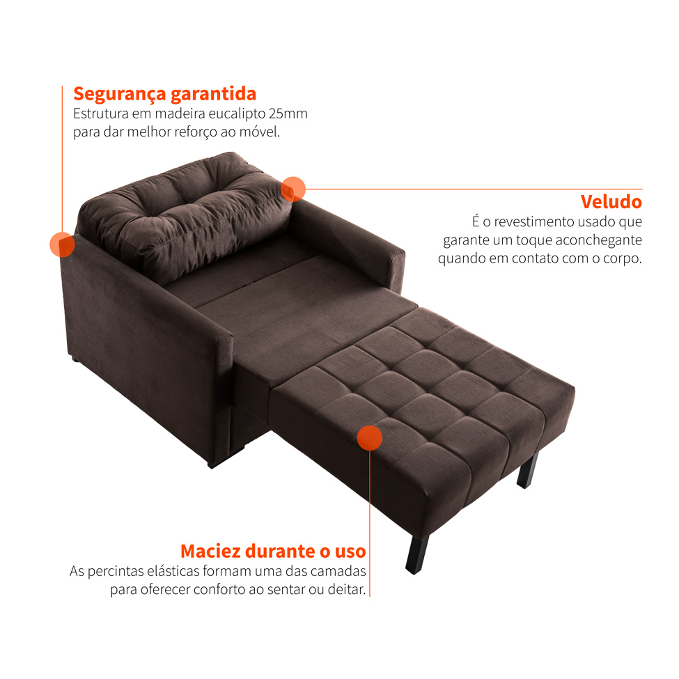Sofá-Cama Solteiro Murilo Veludo Marrom Escuro