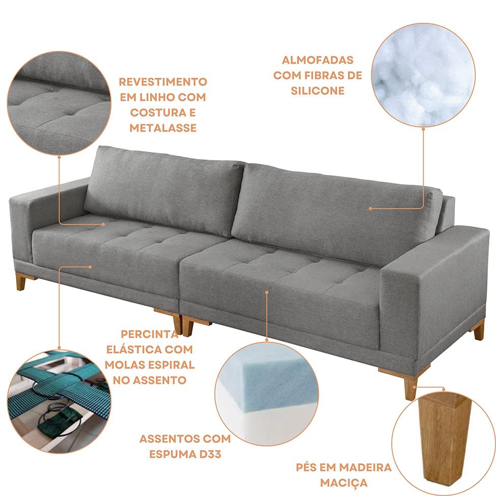Sofá Plus Volga 4 Lugares Linho Cinza 280 cm