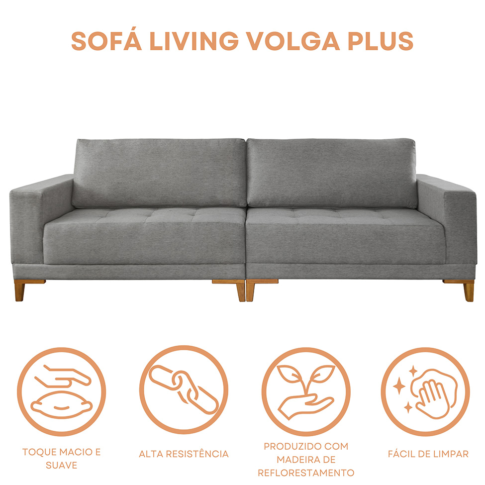 Sofá Plus Volga 4 Lugares Linho Cinza 280 cm