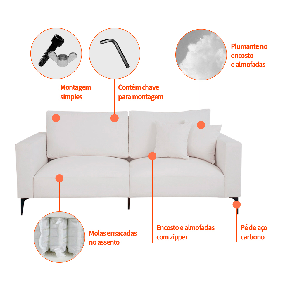 Sofá Unne 2 Lugares com Molas Ensacadas Bouclé Off White 170 cm