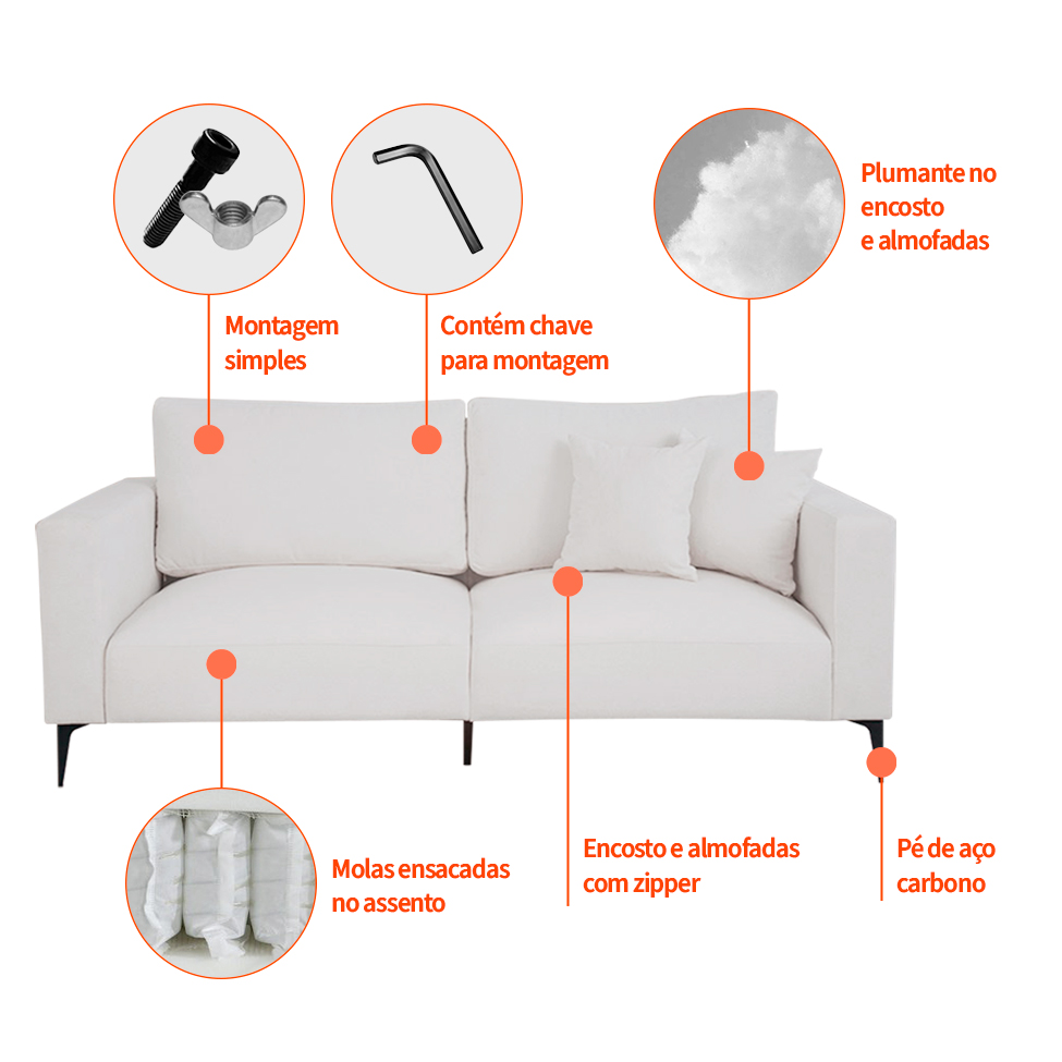 Sofá Unne 3 Lugares com Molas Ensacadas Bouclé Off White 200 cm