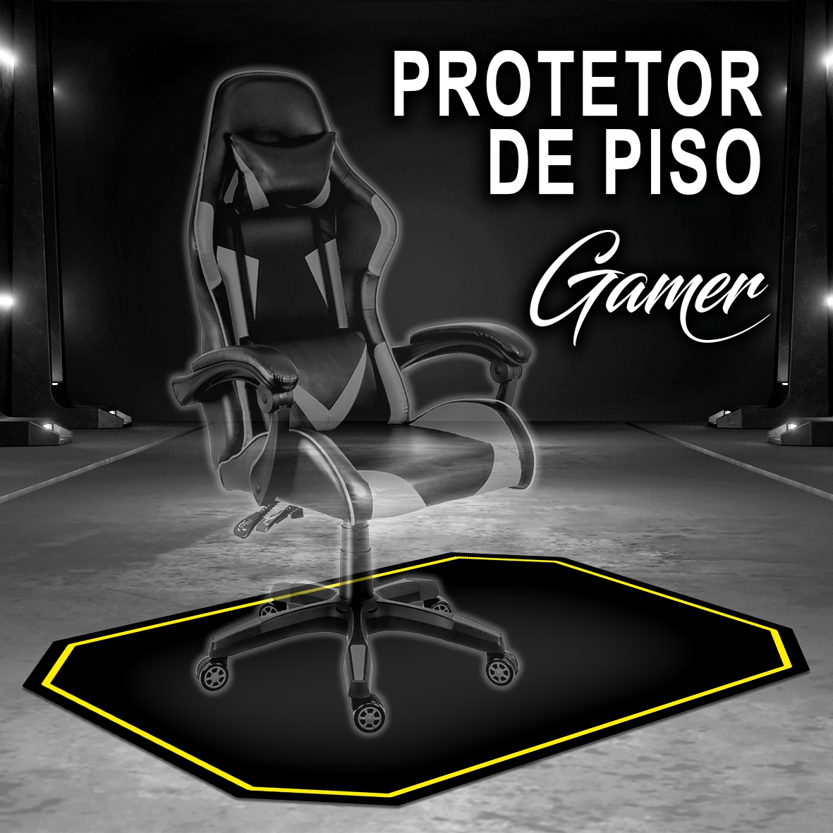 Protetor de Piso Tapete para Cadeira Gamer 1,20x85cm Preto com Borda Amarelo